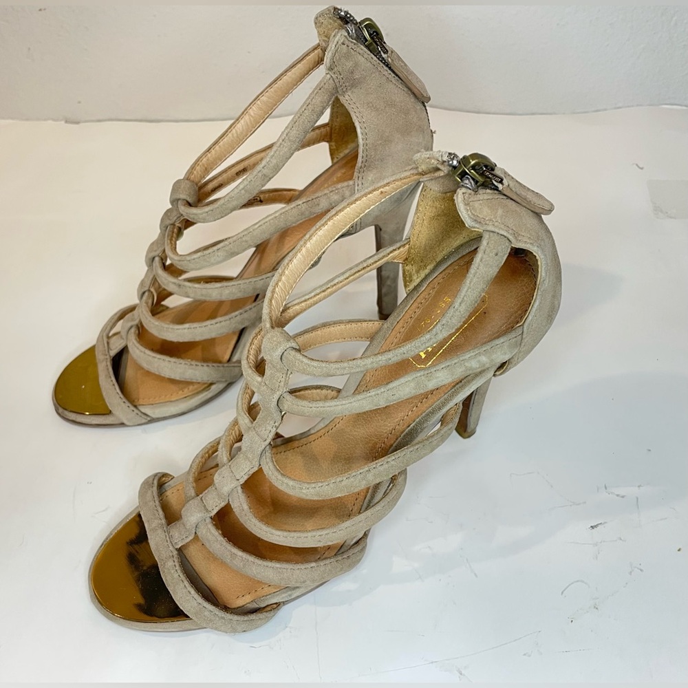 Coach Women’s Lavania Beige Suede Strappy Heeled Sandals with Zipper Size 6.5.